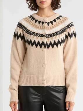 Sanctuary Fair Isle Grandma Cardigan Sweater Cozy Tan NEW - Size Large